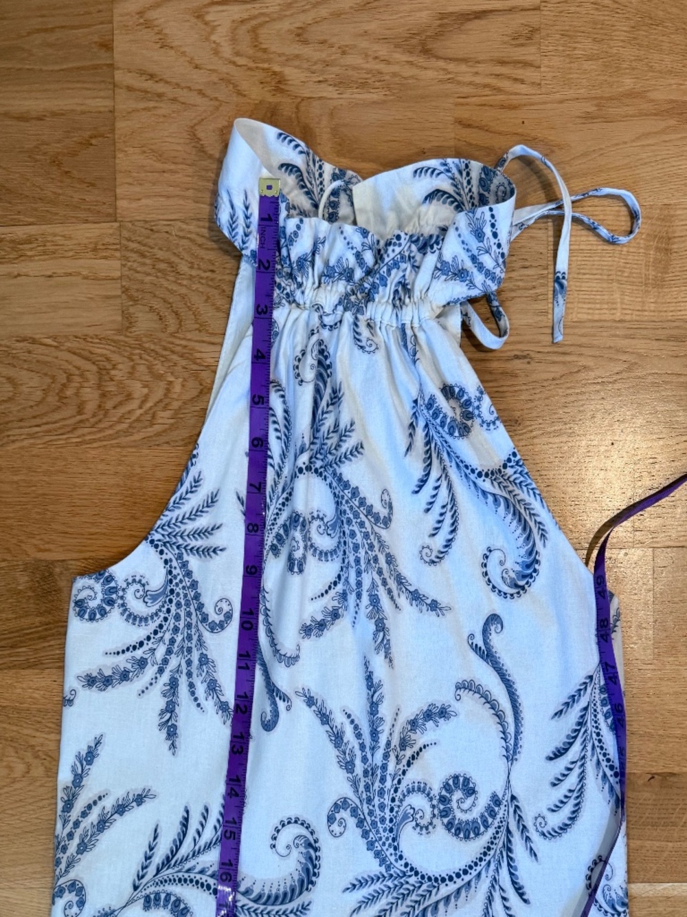 Banana Republic Linen Blend Blouse Size 6 Blue White Paisley Coastal Ruched Tie - Picture 6 of 7